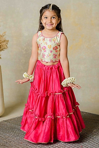 Pink Silk Sequins Work Lehenga Set For Girls by Label Kansha
