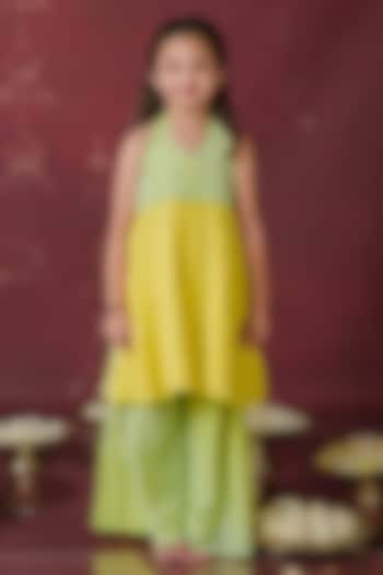 Yellow & Green Georgette Sequins Embroidered Kurta Set For Girls by Label Kansha at Pernia's Pop Up Shop