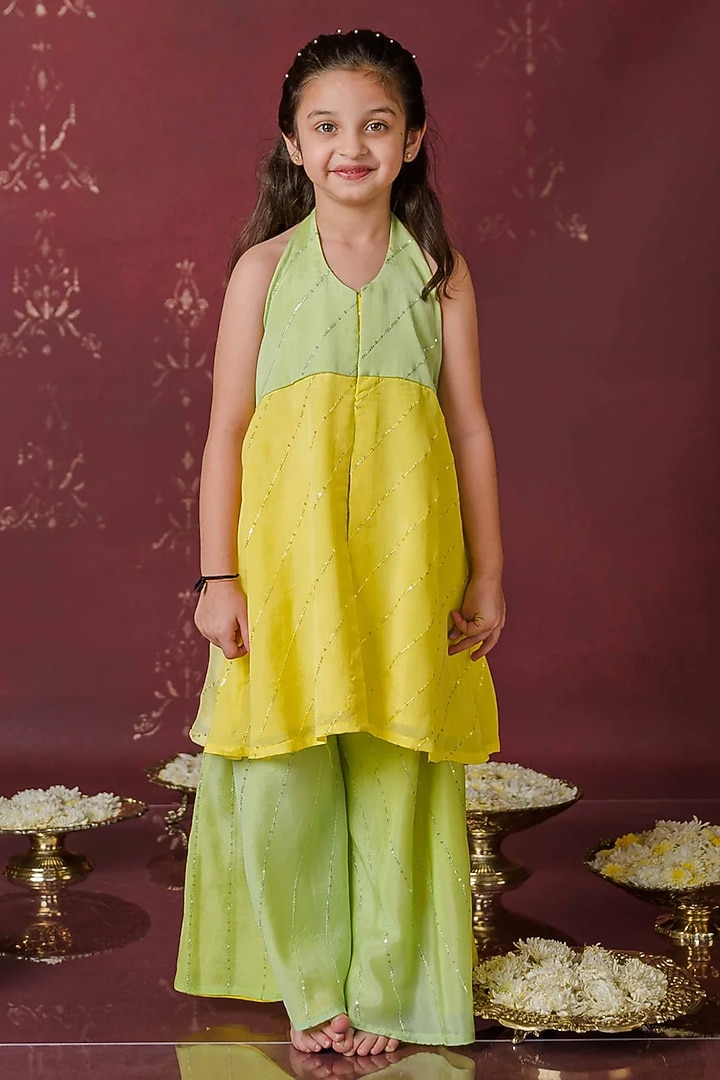 Yellow & Green Georgette Sequins Embroidered Kurta Set For Girls by Label Kansha at Pernia's Pop Up Shop