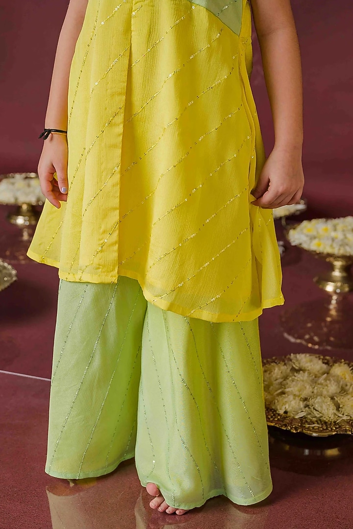 Yellow & Green Georgette Sequins Embroidered Kurta Set For Girls by Label Kansha at Pernia's Pop Up Shop