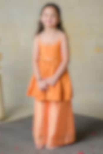 Orange Dola Silk Floral Patchwork Kurta Set For Girls by Label Kansha at Pernia's Pop Up Shop