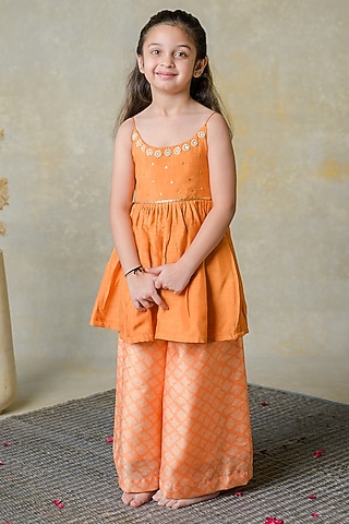 Orange Dola Silk Floral Patchwork Kurta Set For Girls by Label Kansha