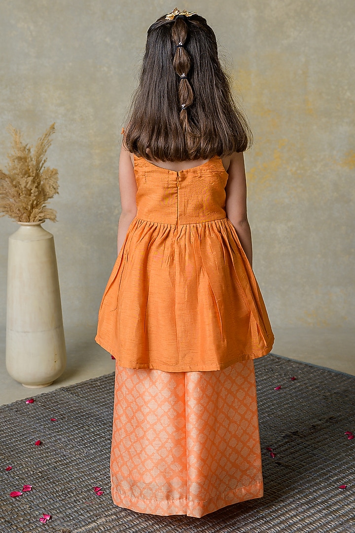Orange Dola Silk Floral Patchwork Kurta Set For Girls by Label Kansha at Pernia's Pop Up Shop