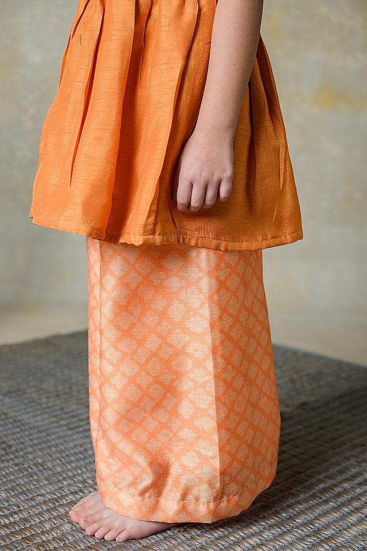 Orange Dola Silk Floral Patchwork Kurta Set For Girls by Label Kansha at Pernia's Pop Up Shop