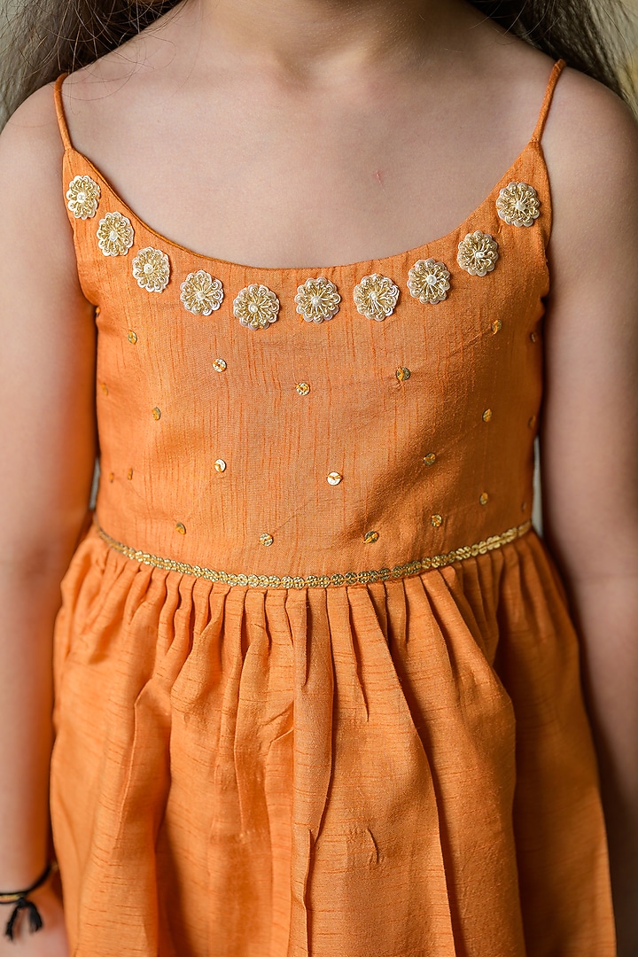 Orange Dola Silk Floral Patchwork Kurta Set For Girls by Label Kansha at Pernia's Pop Up Shop