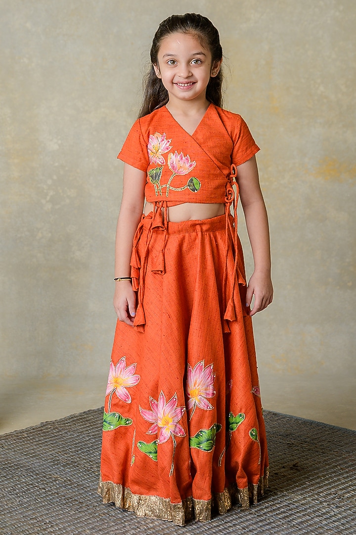 Orange Silk Sequins Work Lehenga Set For Girls by Label Kansha at Pernia's Pop Up Shop