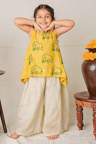 Yellow Silk Zari Embroidered Kurta Set For Girls by Label Kansha