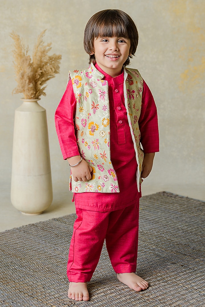 Muted Green Banarasi Jacket Set For Boys by Label Kansha at Pernia's Pop Up Shop