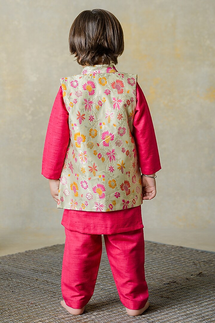 Muted Green Banarasi Jacket Set For Boys by Label Kansha at Pernia's Pop Up Shop