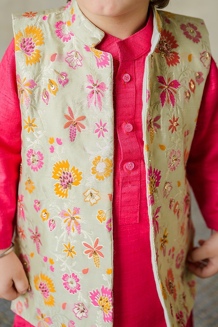 Muted Green Banarasi Jacket Set For Boys by Label Kansha at Pernia's Pop Up Shop
