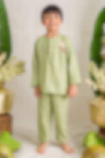 Pista Green Matka Silk Patchwork Embroidered Kurta Set For Boys by Label Kansha at Pernia's Pop Up Shop
