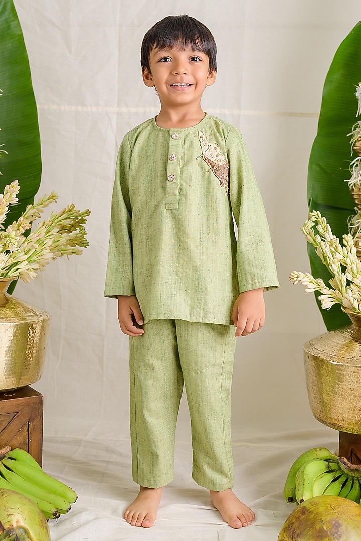 Pista Green Matka Silk Patchwork Embroidered Kurta Set For Boys by Label Kansha at Pernia's Pop Up Shop