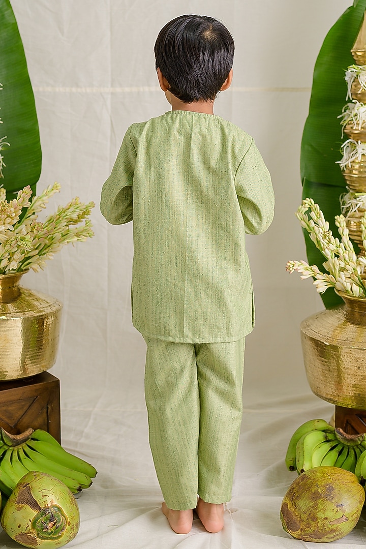 Pista Green Matka Silk Patchwork Embroidered Kurta Set For Boys by Label Kansha at Pernia's Pop Up Shop