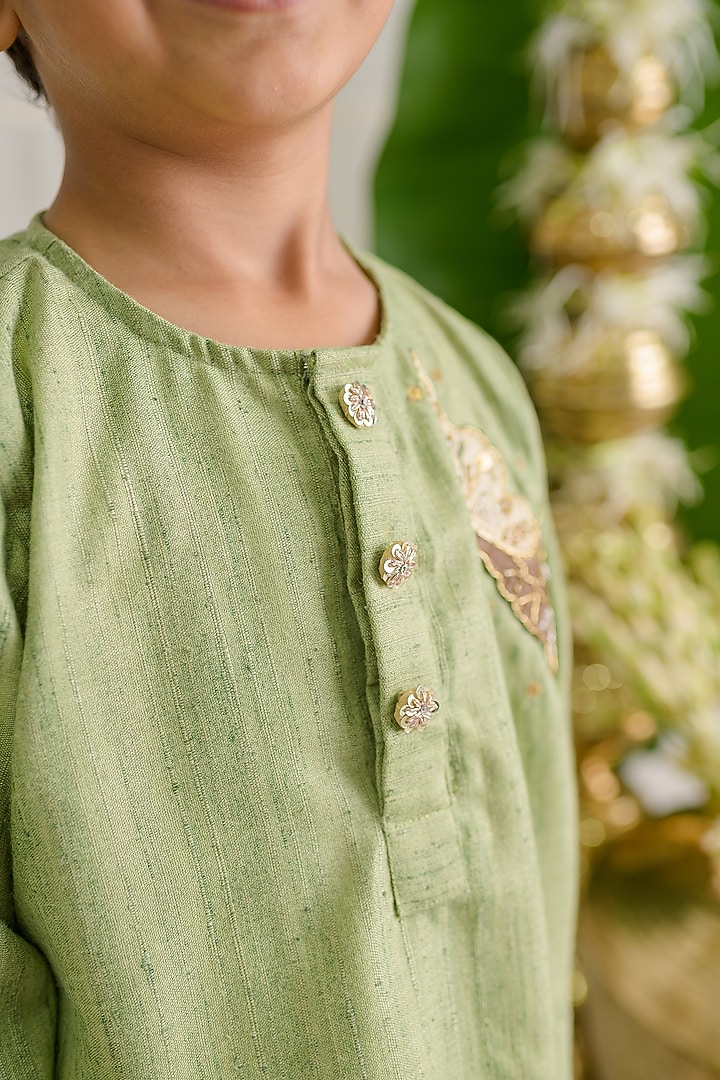 Pista Green Matka Silk Patchwork Embroidered Kurta Set For Boys by Label Kansha at Pernia's Pop Up Shop