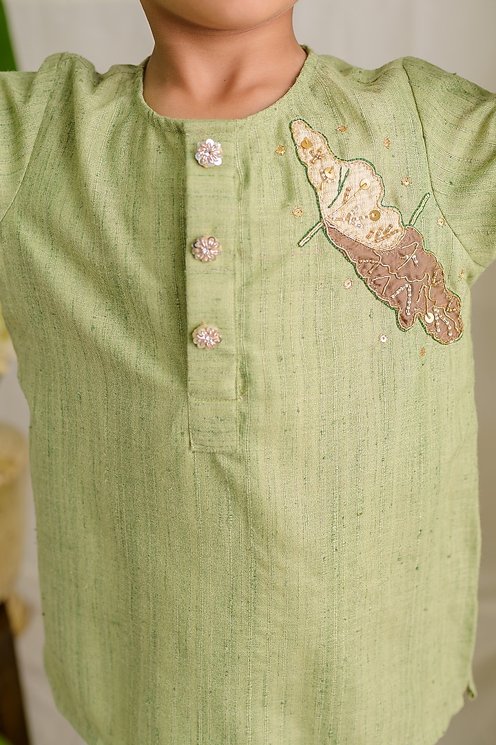 Pista Green Matka Silk Patchwork Embroidered Kurta Set For Boys by Label Kansha at Pernia's Pop Up Shop