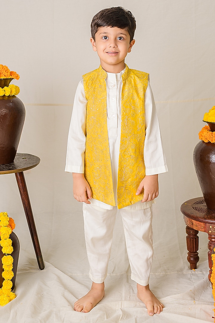 Yellow Silk Zari Embroidered Jacket Set For Boys by Label Kansha at Pernia's Pop Up Shop