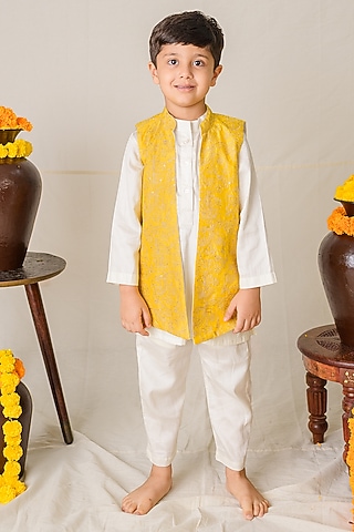 Yellow Silk Zari Embroidered Jacket Set For Boys by Label Kansha