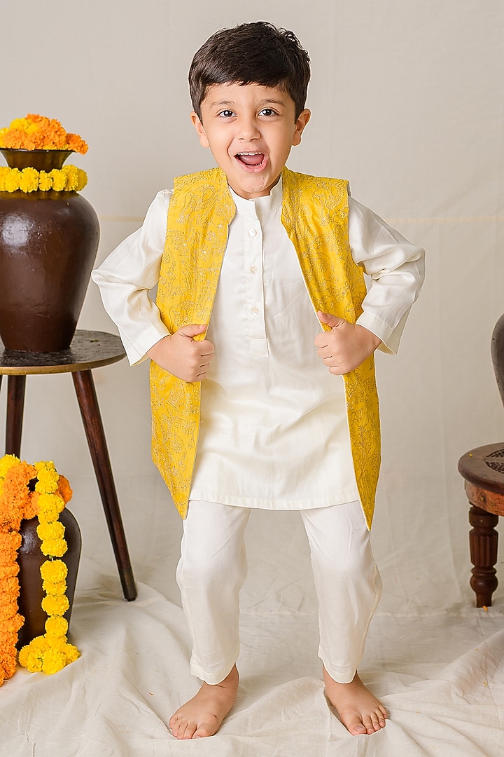 Yellow Silk Zari Embroidered Jacket Set For Boys by Label Kansha at Pernia's Pop Up Shop