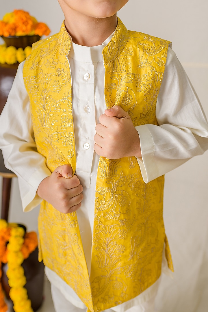 Yellow Silk Zari Embroidered Jacket Set For Boys by Label Kansha at Pernia's Pop Up Shop