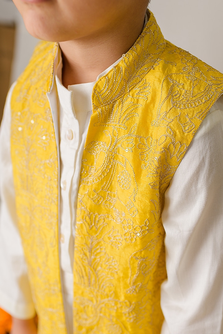 Yellow Silk Zari Embroidered Jacket Set For Boys by Label Kansha at Pernia's Pop Up Shop