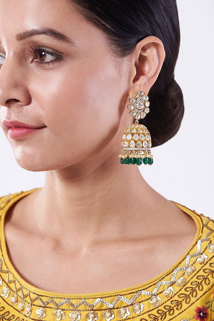 Gold Plated Moissanite Polki Jhumkas In Sterling Silver by Kantika Jewellery at Pernia's Pop Up Shop