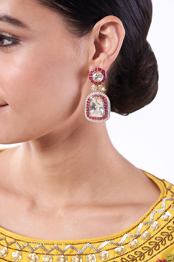 Gold Plated Moissanite Polki Dangler Earrings In Sterling Silver by Kantika Jewellery at Pernia's Pop Up Shop
