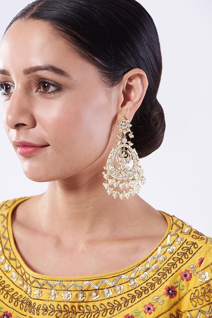 Gold Plated Moissanite Polki Chandbali Earrings In Sterling Silver by Kantika Jewellery at Pernia's Pop Up Shop