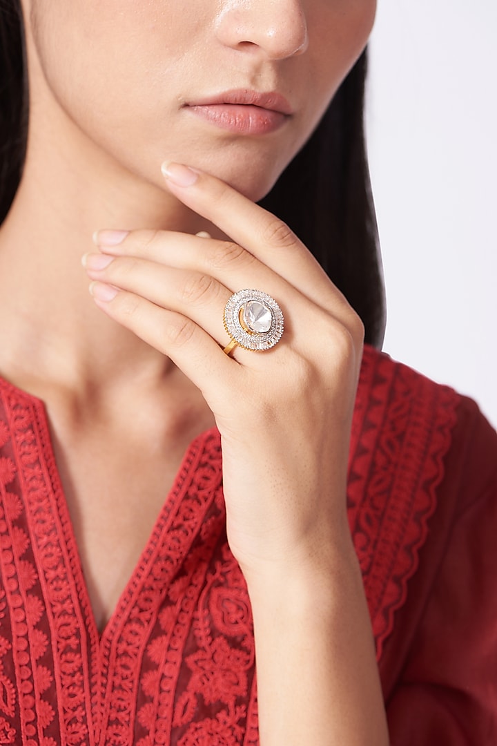 Gold Plated Ring In Sterling Silver With Moissanite Polki by Kantika Jewellery at Pernia's Pop Up Shop