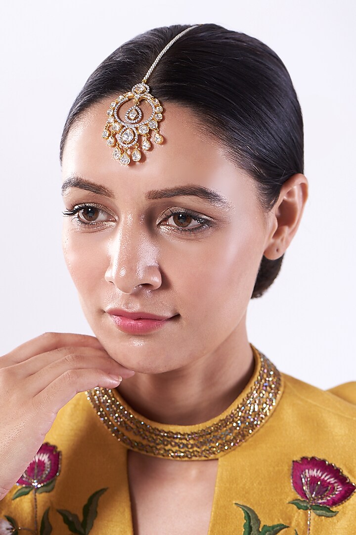 Gold Plated Moissanite Polki Maang Tikka In Sterling Silver by Kantika Jewellery at Pernia's Pop Up Shop