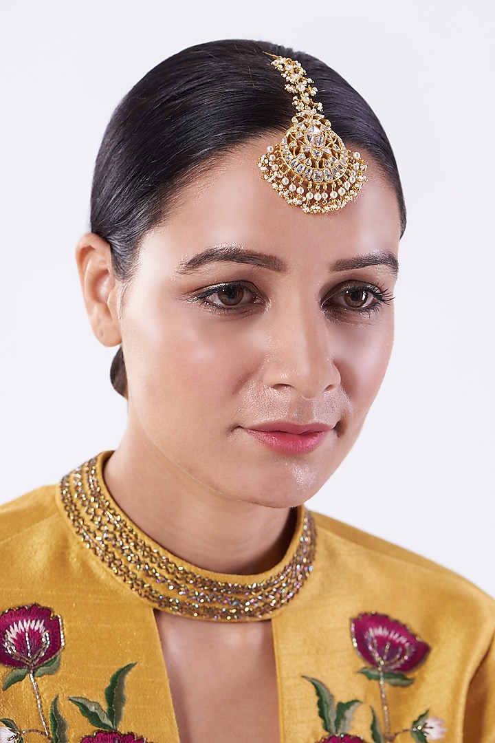 Gold Plated Pearl Maang Tikka In Sterling Silver by Kantika Jewellery at Pernia's Pop Up Shop