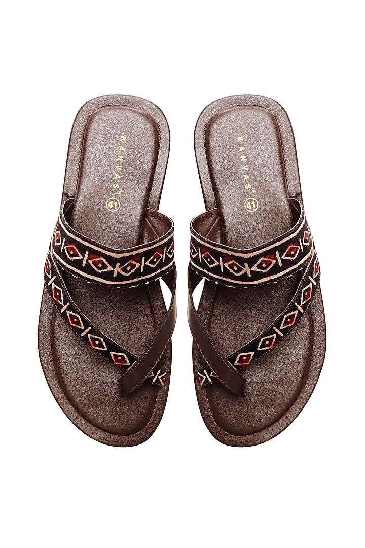 Brown Block Printed Chappals by KANVAS at Pernia's Pop Up Shop
