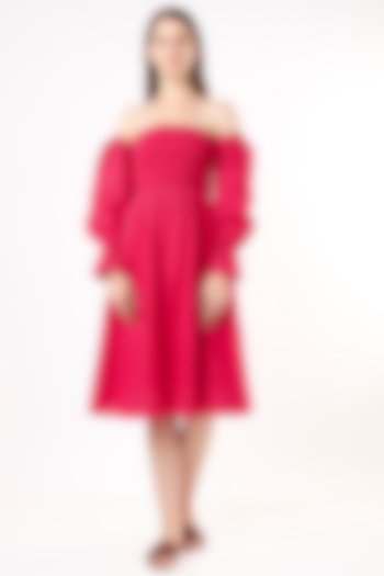 Hot Pink Cotton Off-Shoulder Smoke Dress by Kaori By Shreya