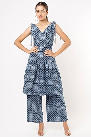 Opal Blue Printed Kurta Set by Kaori By Shreya