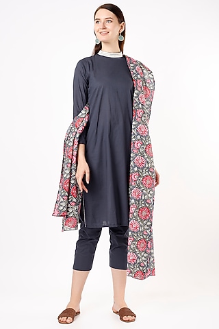Dark Blue Cotton Kurta Set by Kaori By Shreya