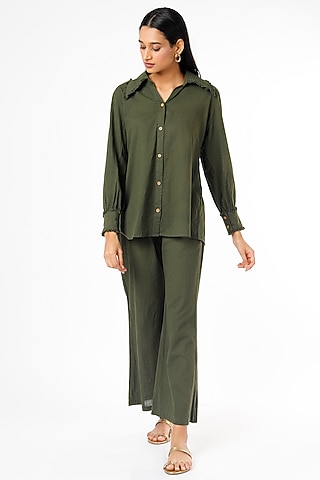 Olive Green Flared Pant Set by Kaori By Shreya