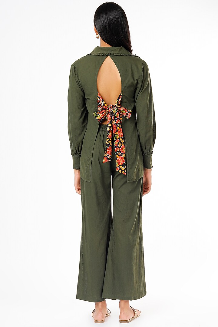 Olive Green Flared Pant Set by Kaori By Shreya at Pernia's Pop Up Shop