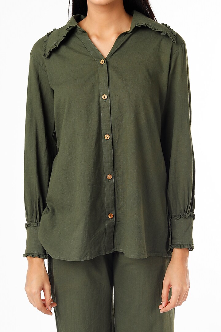 Olive Green Flared Pant Set by Kaori By Shreya at Pernia's Pop Up Shop