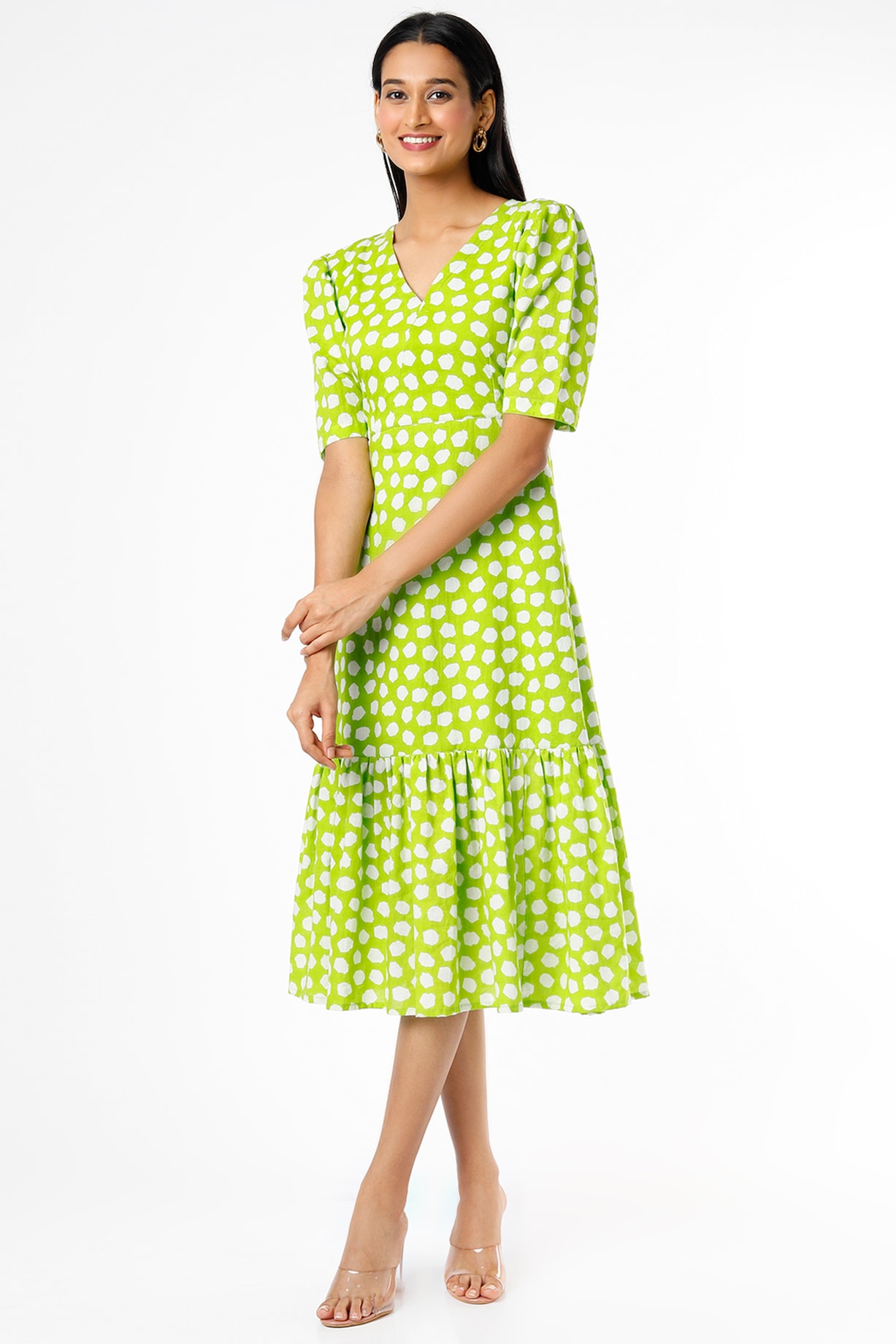 Lime Green Skater Midi Dress by Kaori By Shreya at Pernia's Pop Up Shop 2026
