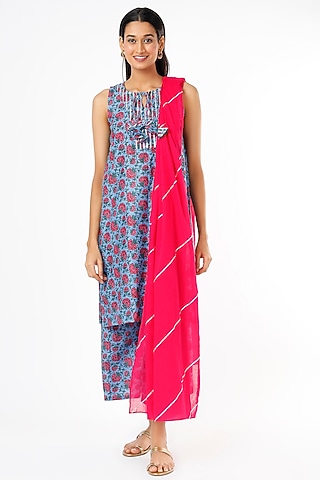 Blue Sleeveless Printed Kurta Set With Tassels by Kaori By Shreya