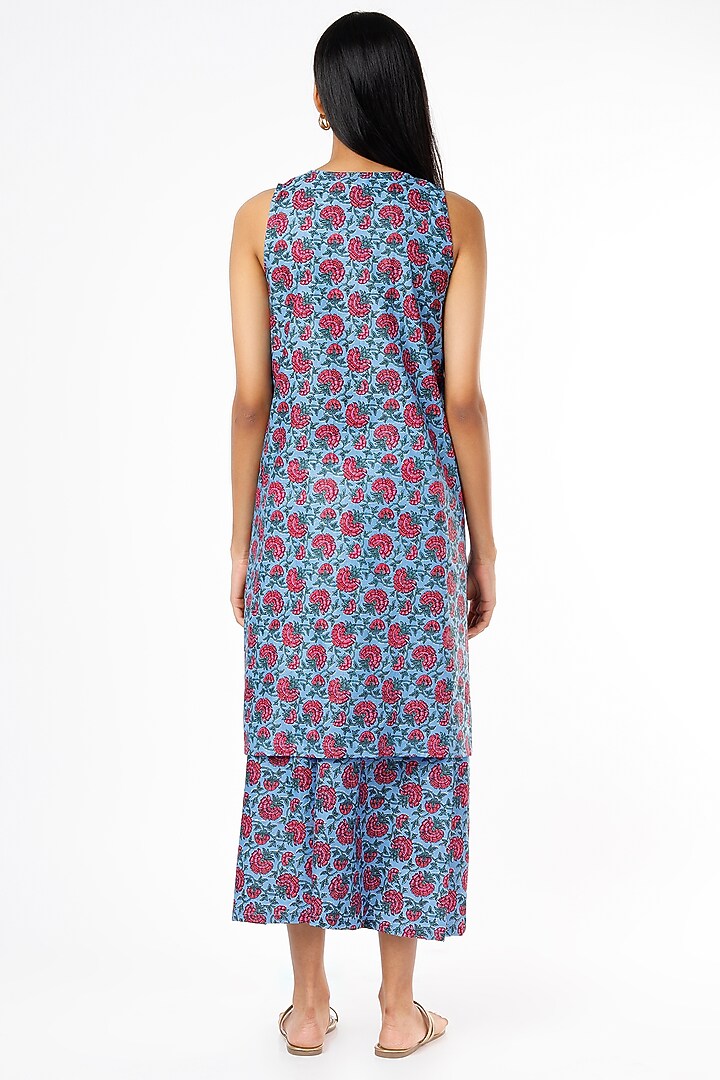 Blue Sleeveless Printed Kurta Set With Tassels by Kaori By Shreya at Pernia's Pop Up Shop