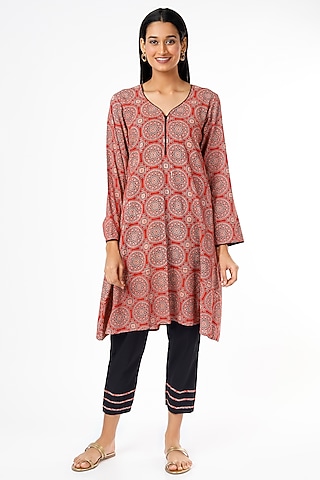 Burnt Orange Ajrakh Printed Kurta Set by Kaori By Shreya