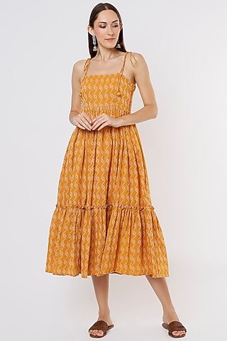 Yellow Block Printed Dress by Kaori By Shreya