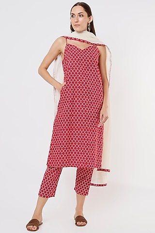 Red Hand Block Printed Kurta Set by Kaori By Shreya