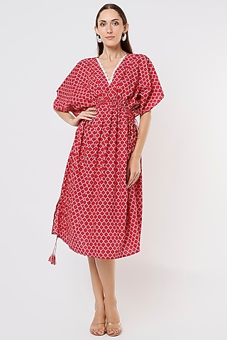 Red Hand Block Printed Kaftan Dress by Kaori By Shreya