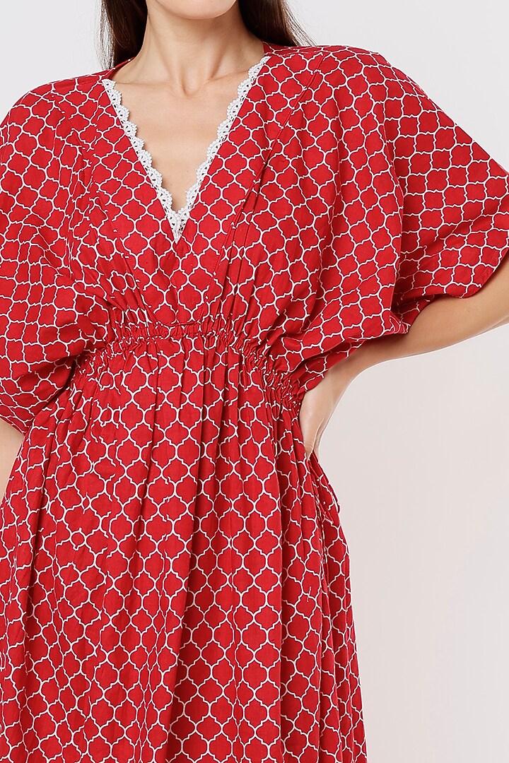 Red Hand Block Printed Kaftan Summer Dress by Kaori By Shreya at Pernia's Pop Up Shop