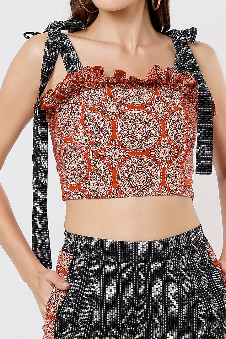 Black & Burnt Orange Printed Pant Set by Kaori By Shreya at Pernia's Pop Up Shop