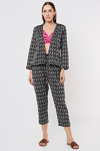 Black Block Printed Blazer Set by Kaori By Shreya