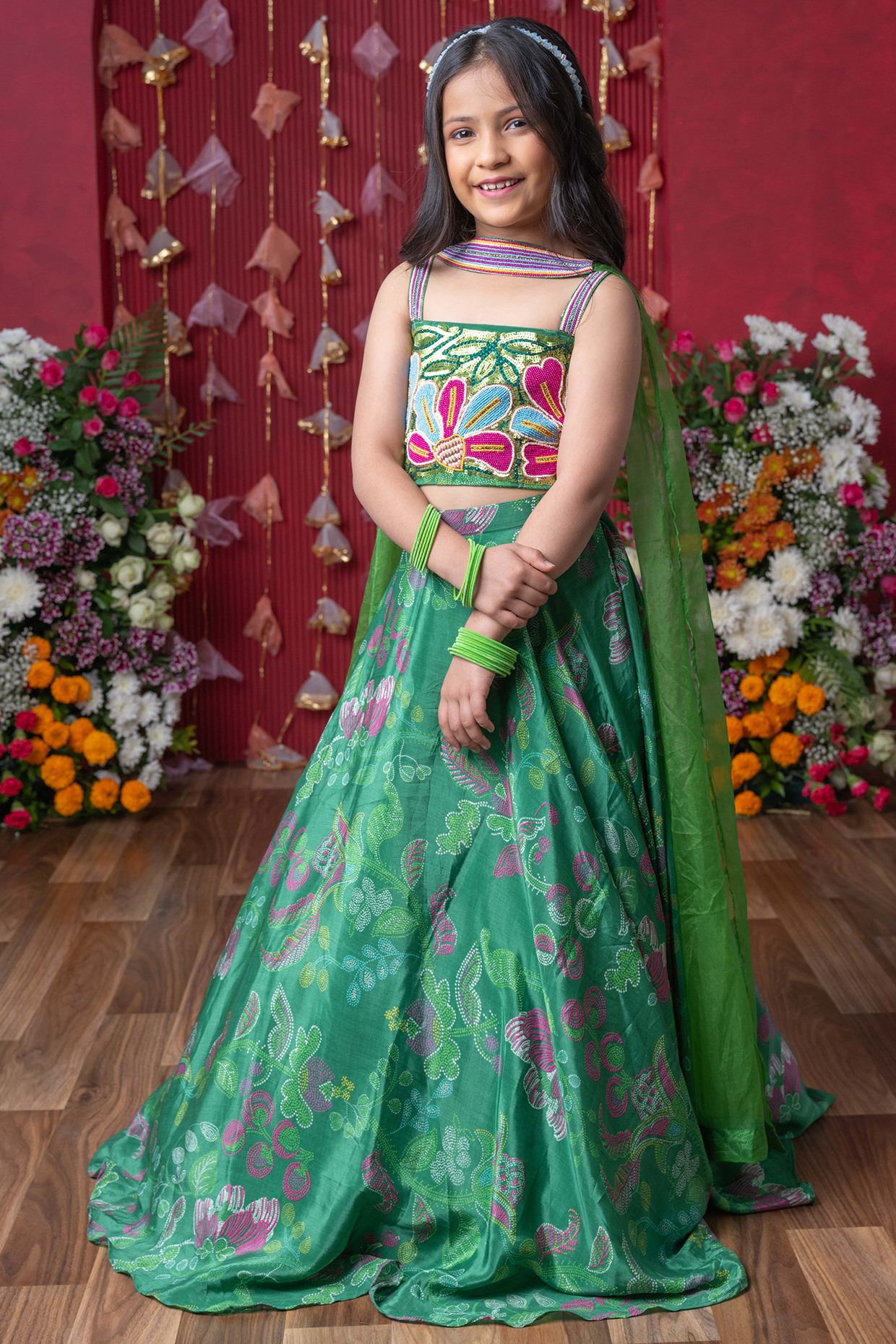 Green Crepe & Organza Printed Lehenga Set For Girls by Kirti Agarwal Pret n Couture at Pernia's Pop Up Shop