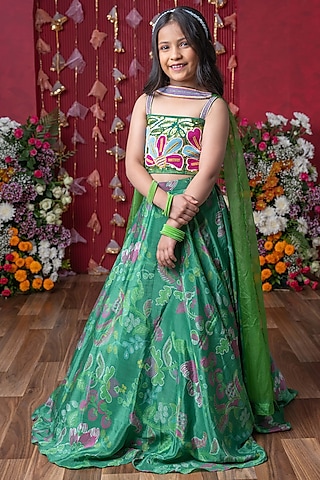 Green Crepe & Organza Printed Lehenga Set For Girls by Kirti Agarwal Pret n Couture