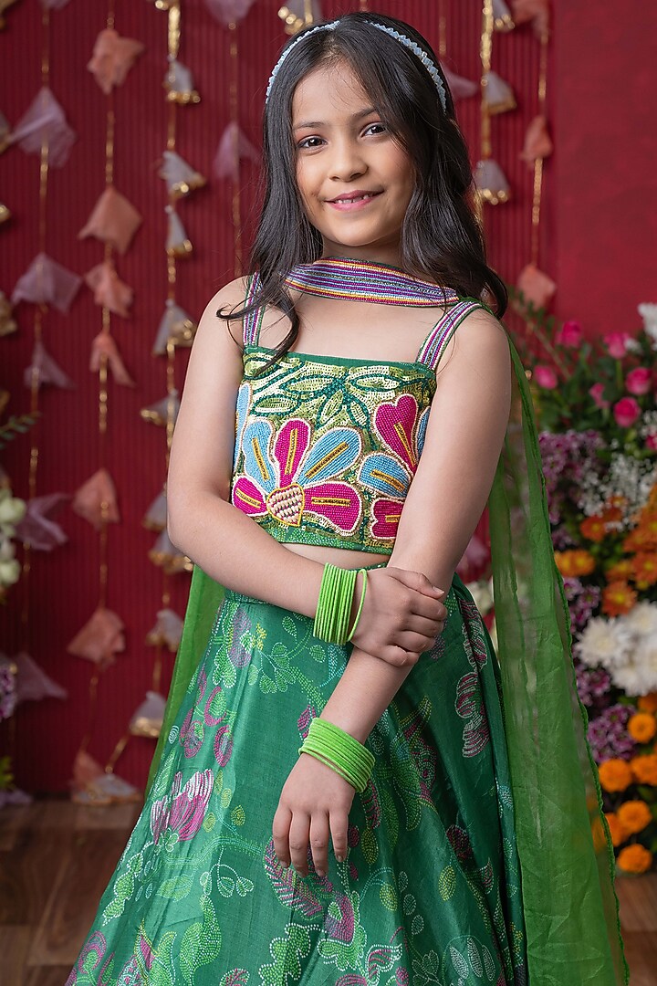 Green Crepe & Organza Printed Lehenga Set For Girls by Kirti Agarwal Pret n Couture at Pernia's Pop Up Shop